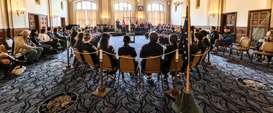 QM bridge of honor audience and scouts wide view